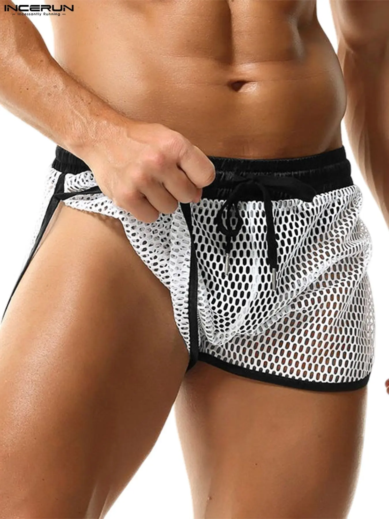INCERUN Men's Party Mesh Polyester Shorts, Casual Hollow Out Design, Breathable Summer Fit, Breathable Summer Wear, Comfortable Lounge Pants, Trendy Men's Fashion