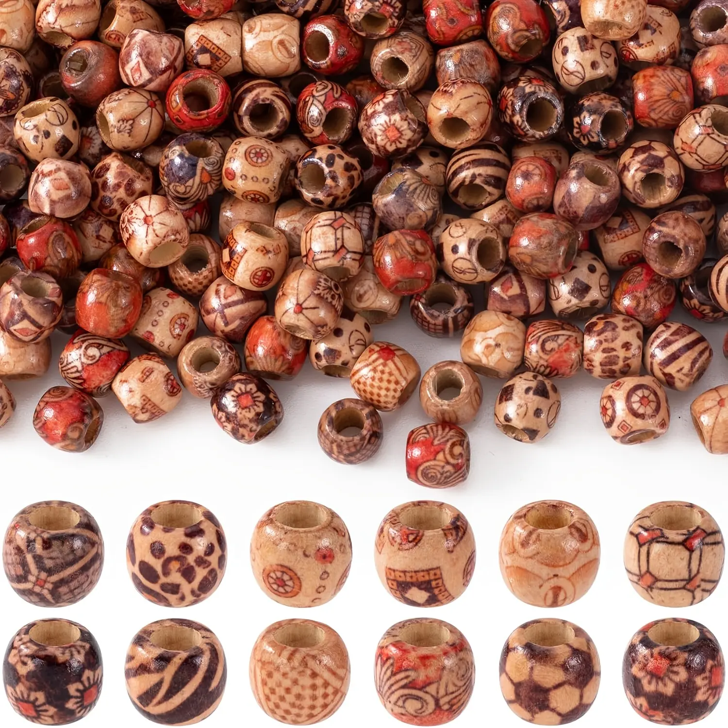 200pcs 12mm Printed Wooden Beads for Crafts Natural Wood Hair Beads, Vintage Round Loose Spacer Charms for DIY Craft Macrame Bracelet Necklace Handmade Decorations Random Style