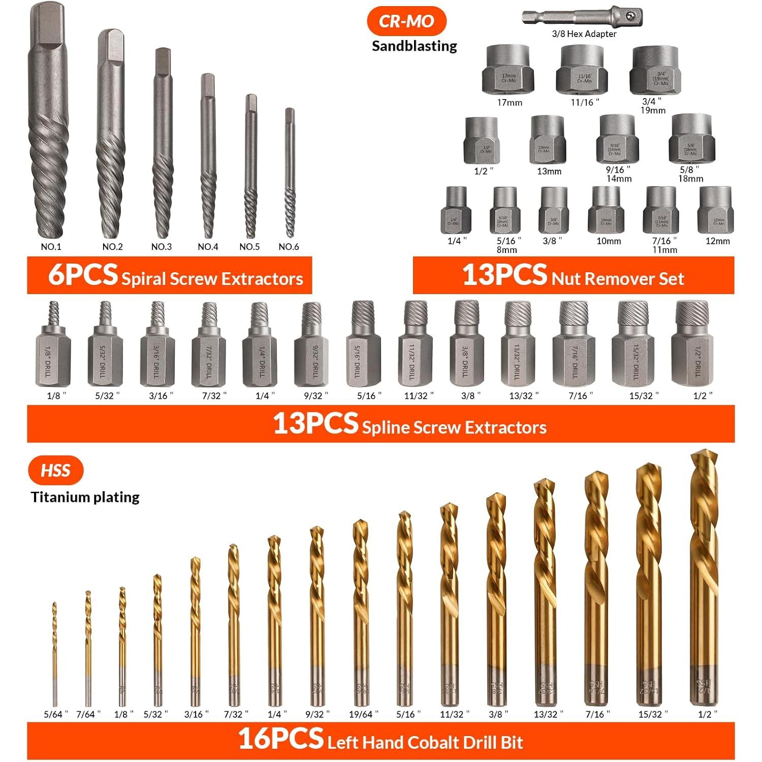 49 count Bolt Extractor Kit with Left Hand Drill Bit, Screw Extractor Set Heavy Duty, Bolt Extractor & Reverse Drill Bit Easy Out Damaged Nuts Stripped Screw with Portable Case  Mens
