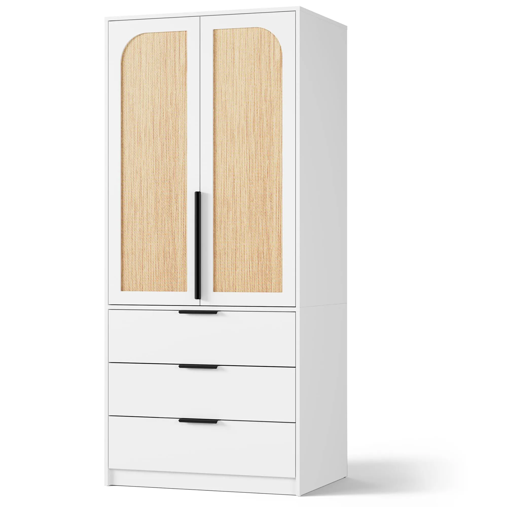 Armoire Wardrobe Closet, 69.5 in Wooden Wardrobe Cabinet with 3 Drawers, Hanging Rod, 2 Doors Clothing Storage Cabinet for Bedroom, Large Capacity Storage, Rattan Door, Natural