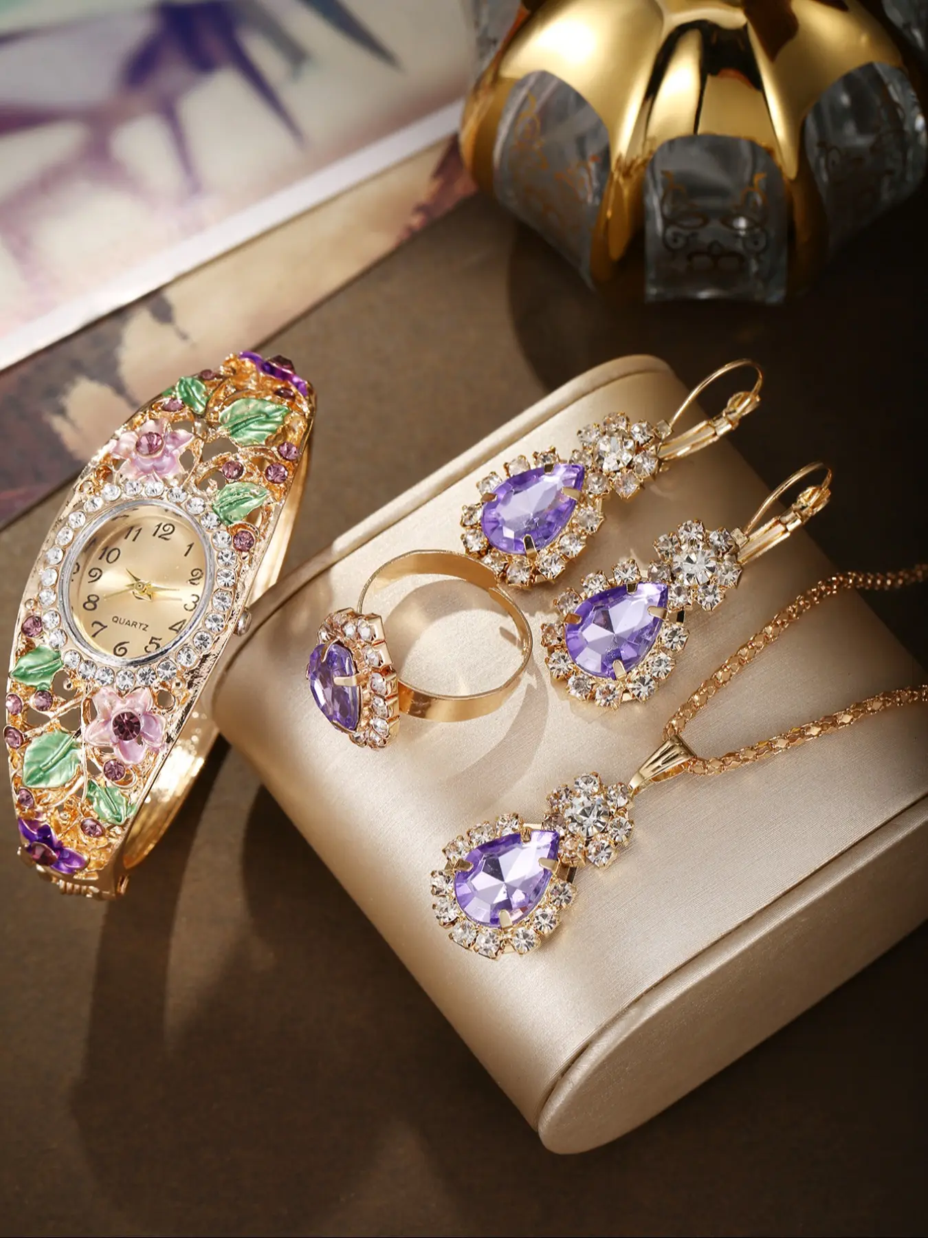 5pcs Vintage Elegant French Women's Fashion Jewelry Set, Enamel Flower Watch, Amethyst Earrings Rings Necklace, Gift for Birthday Mother's Day Valentine's Day Christmas