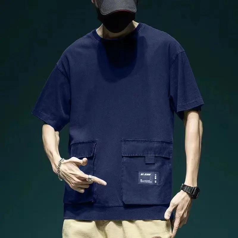 Kyn Apparel Men Cargo Short Sleeve T-shirt Cotton Round Collar Sports Pocket Running Tee High Street Dropped Shoulder Half Sleeve T-Shirts