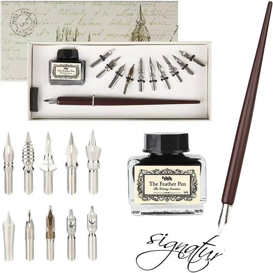 Vintage Calligraphy Dip Pen Set, Antique Wooden Dip Pen with 10 Nibs & Ink, European Style Art Writing Gift Set, Stationery Writing Tools