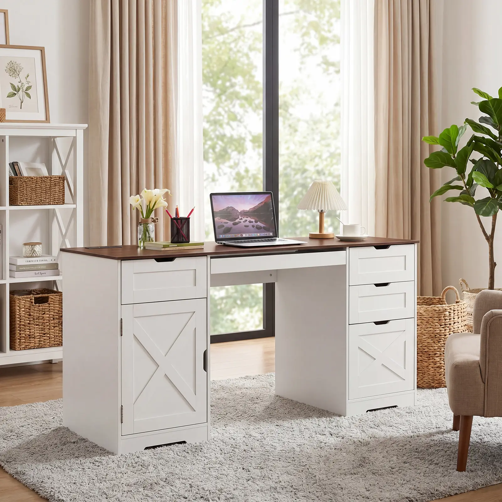[Summersale] GARVEE 59" Farmhouse Executive Office Desk - Wooden Workstation with Drawers, Built-In Charging Station, Keyboard Tray, Adjustable Shelves for Home Office, Ideal Gift for Christmas