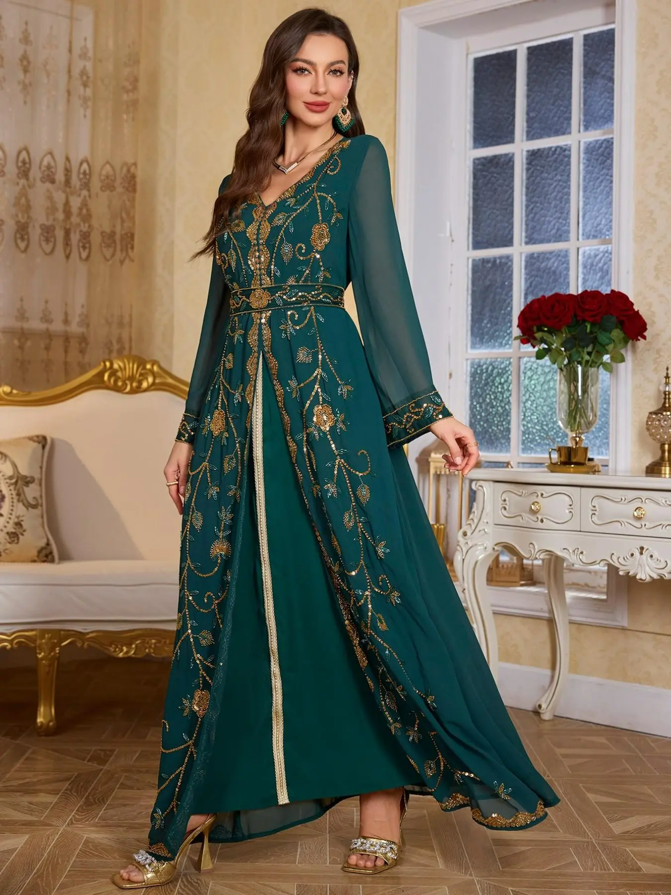 Middle Eastern Style Casual Loose Dress with Waist Belt, Long Sleeve V Neck Sequin Embroidery Design, Elegant, Chic and Proper Fit, Embroidered Sequin Gown