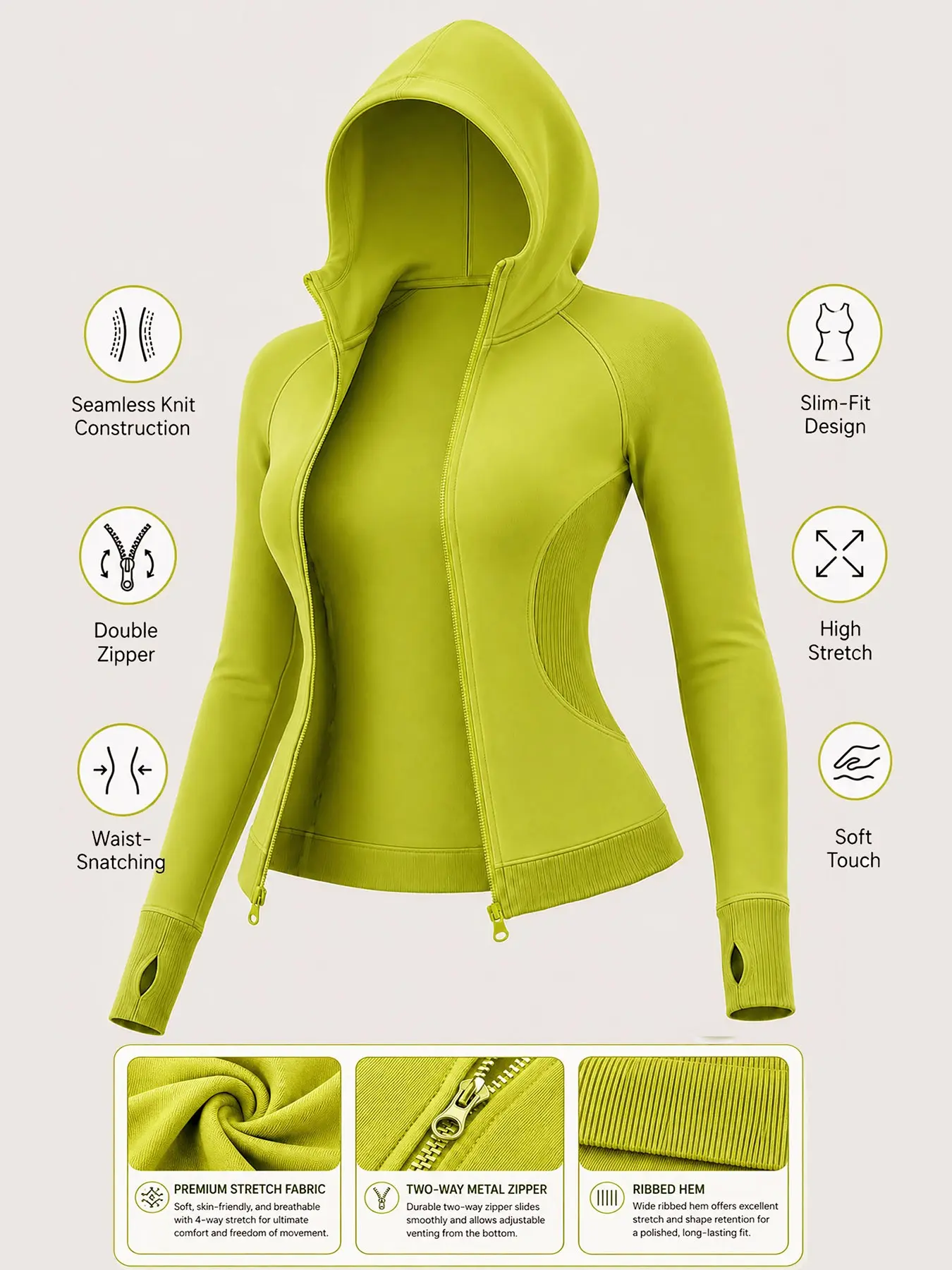 Seamless Slim Fit Casual Sports Jacket, Running Training Fitness Top, Daily Wear Fall Winter, Dual Zipper Long Sleeve, Zippered Sports Jacket