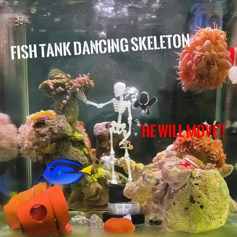 Movable Skeleton Aquarium Ornament, Automatic Dancing Skeleton Fish Tank Decor, Halloween Underwater Landscape Decoration, Creative Aquatic Figurine