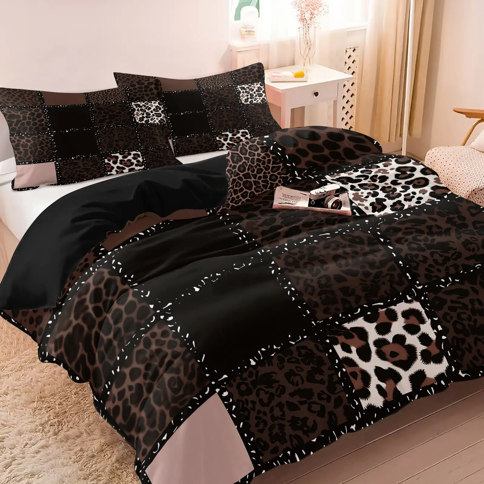 3Pcs Brown Leopard Patchwork Duvet Cover Set, Includes 1 Cover + 2 Pillowcases, Soft Breathable Fabric, Classic Leopard Patchwork Themed Bedding, All Season Home Decor, Great Present For Animal Print Lovers Bedroom & Dorm