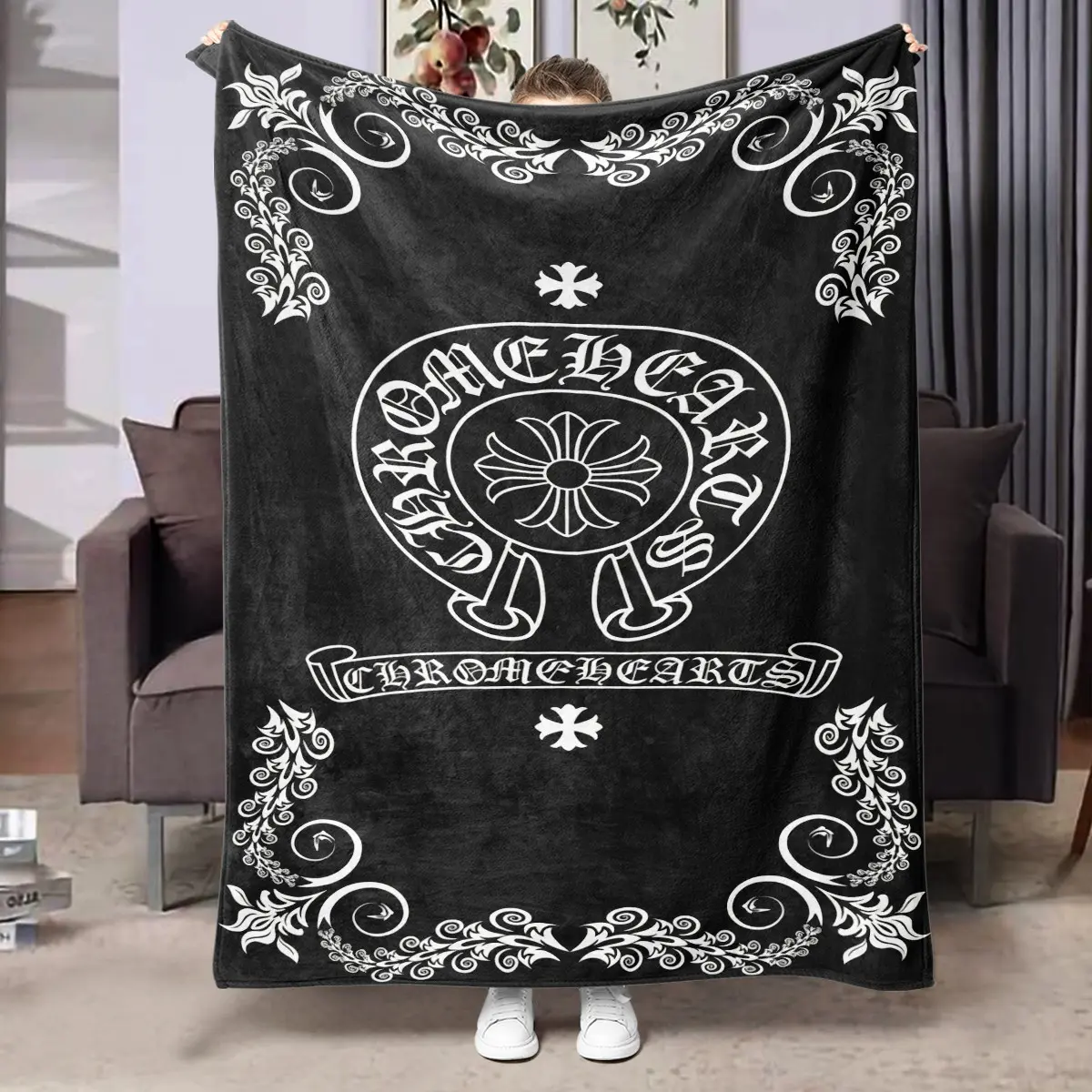 1pc Gothic Cross Flannel Blanket, Black White Vintage Fleece Throw with Ornamental Vine Pattern, Gothic Letter Design, Cross Symbol, Dark Luxury Artistic Style, Soft Cozy Blanket for Sofa, Bed, Office, Camping, Travel, Halloween Christmas Gift