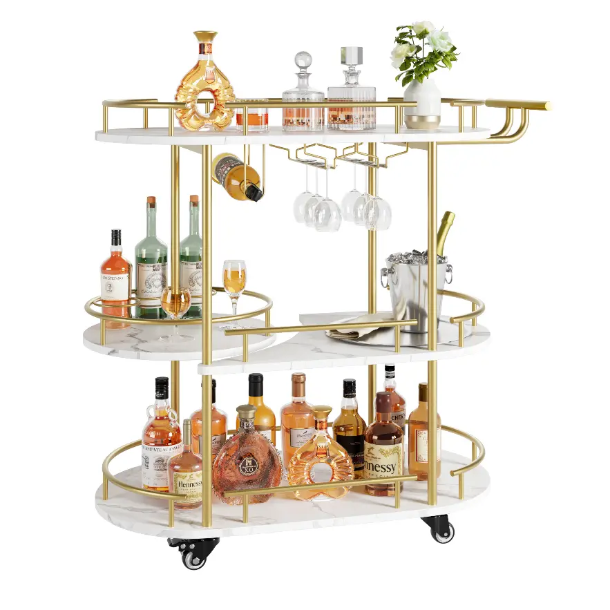 Farmhouse 4-Tier Rolling Bar Cart with Gold Paint + Black Marble Panel, Metal Frame, Wine Rack, Glass Holder, Organiser & Ample Storage Shelves - for Kitchen, Home Bar, Parties