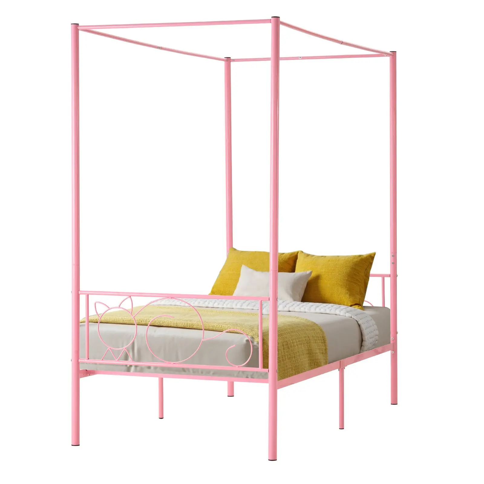 Twin Size Canopy Bed Frame, Metal Canopy Bed with Minimalist Headboard Four Posters Design, Heavy Duty Steel Slats Support, Underbed Storage Space, No Box Spring Needed, Easy Assembly, Pink