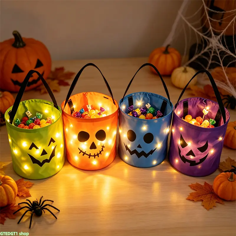 1/3/4-Piece Set LED Light-Up Halloween Candy Bucket/Non-Woven Gift Bag — Reusable tote bags suitable for both children and adults; serve as candy bags or glowing decorations; perfect as party favors for Halloween, birthdays, and Christmas.