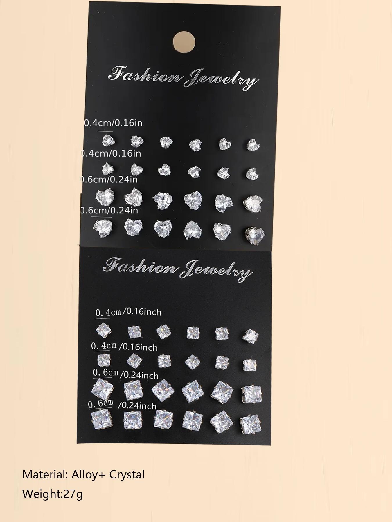 Fashion Mixed Size Rhinestone Decorated Stud Earring, Casual Heart & Square Shaped Stud Earrings for Women & Men, Jewelry for Party, Daily Clothing Decor for Girl & Boy, Valentine's Day Gift