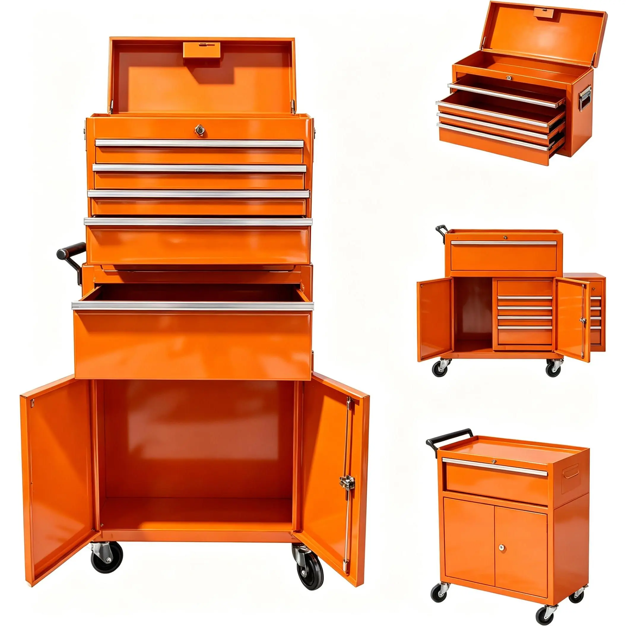 Garvee Upgraded  Heavy Duty 5 Drawer Tool Chest, Rolling Tool Box Cabinet on Wheels, 2-in-1 Detachable Metal Tool Storage Organizer for Garage and Workshop, Locking Steel Tool Cart with Portable Top Tool Box, Orange