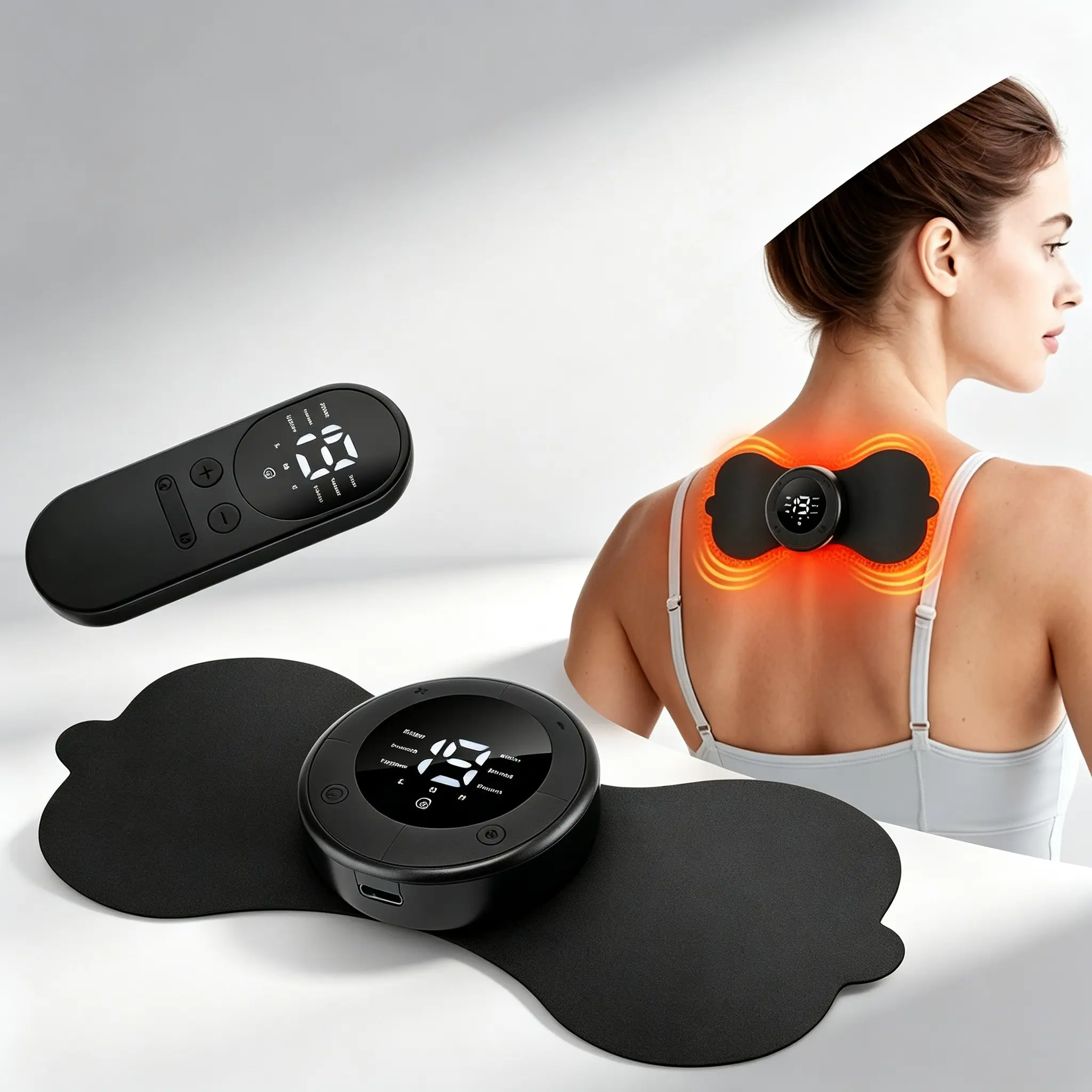 Rechargeable Portable Tens Pulse Massage Patch, Wireless EMS Muscle Stimulator, 6 Modes, 19 Intensity Levels, Washable Electrodes