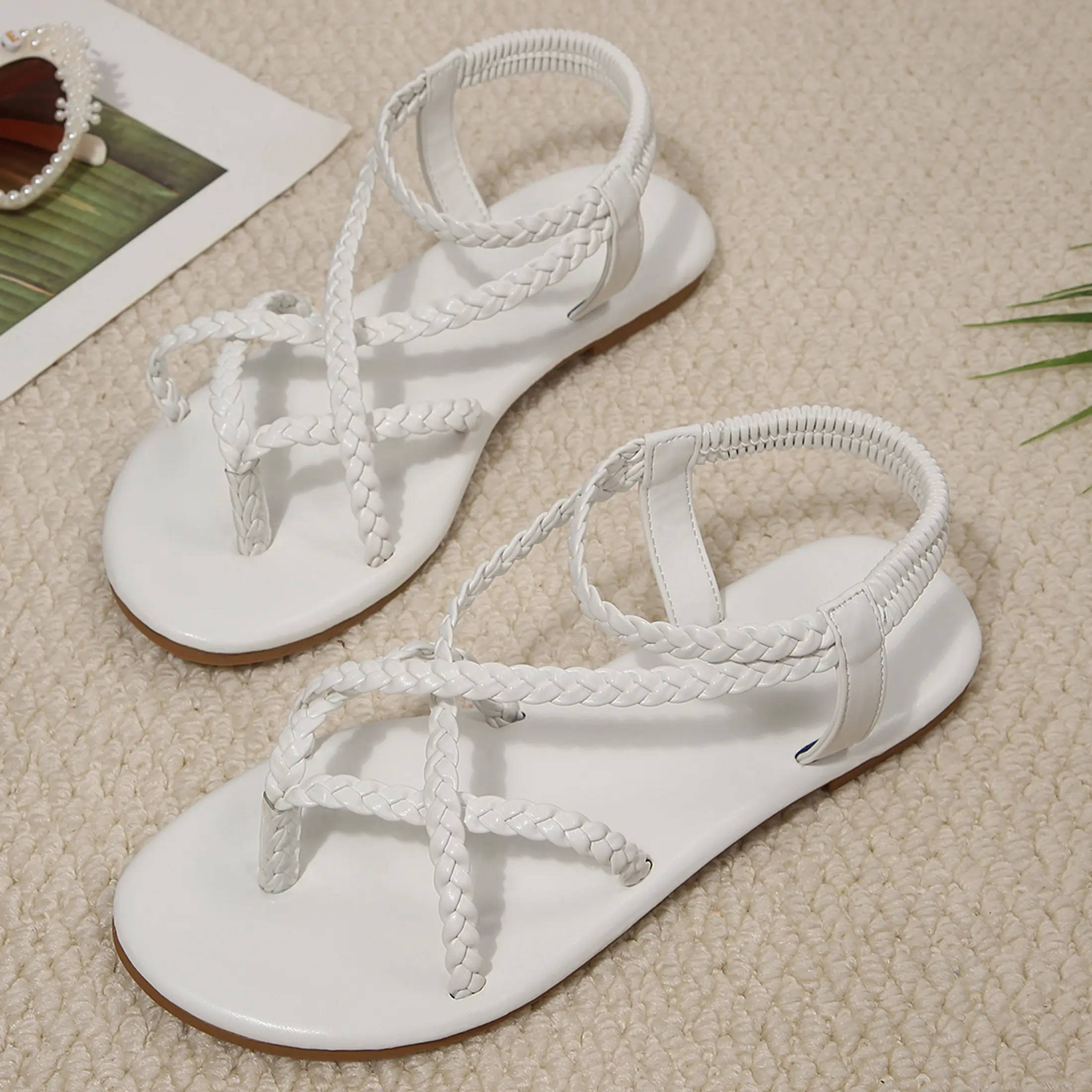 Lightweight Women's Solid Braided Flat Sandals Cross Straps Easy Wear Daily Errands Sandal