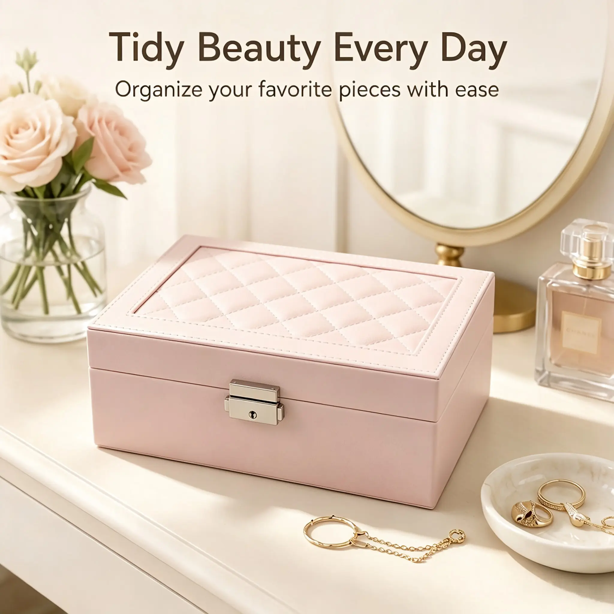 Large Capacity PU Leather Jewelry Box with Lock and Lid, Romantic Valentine's Day Gift, Perfect for Girlfriend or Wife, Fashionable Organiser Storage Case