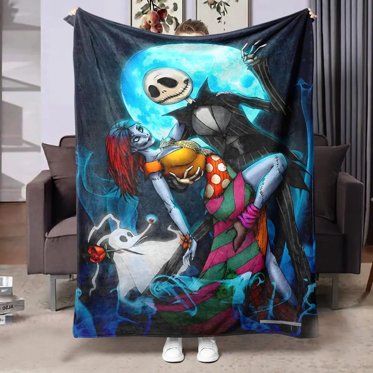 1PC The Nightmare Before Christmas Jack Sally Zero Ghost Blue Moon Halloween Animation Print Flannel Blanket, Soft Skin-Friendly Anti-Pilling Machine Washable Lightweight Throw Blanket, All Seasons For Adults Home Sofa Office Nap RV Camping Fantasy Animat