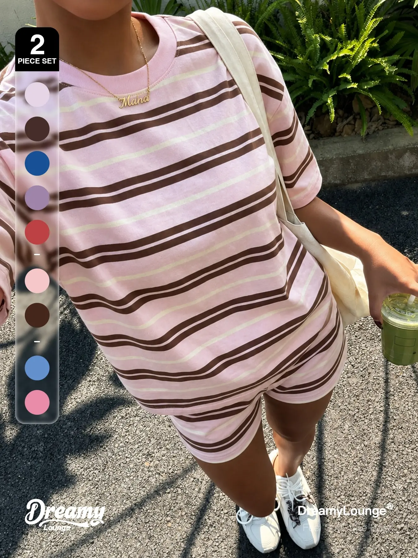 Women’s DreamyLounge Striped T Shirt and Shorts, 2 Piece Casual Lounge Set, Soft Short Sleeve Tee and Matching Elastic Waist Shorts, Ideal for Coffee Run, Travel, Weekend & Lounging At Home, Everyday Comfort Clothes