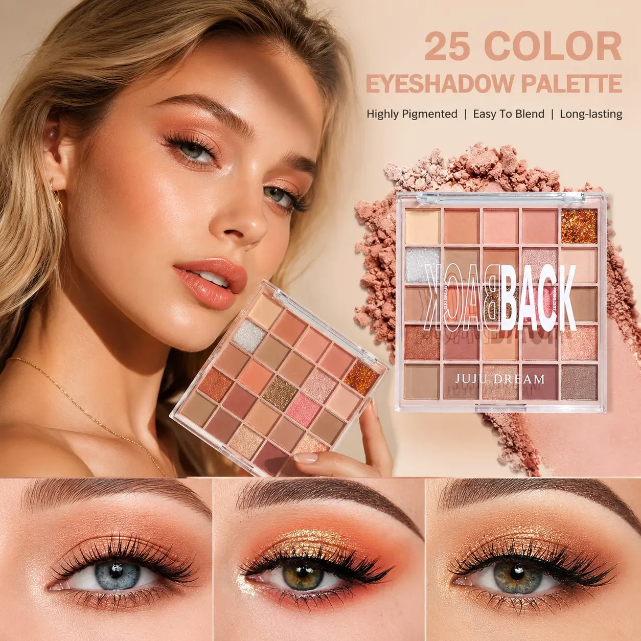 JUJU DREAM 25 Shades Warm Orange Toned Eyeshadow Palette, All-in-one neutral warm palette, creamy metallic shimmer and chunky glitter pops, ultra-high pigment long-wearing formula, versatile for soft daily peach makeup, warm sunset smoky eyes