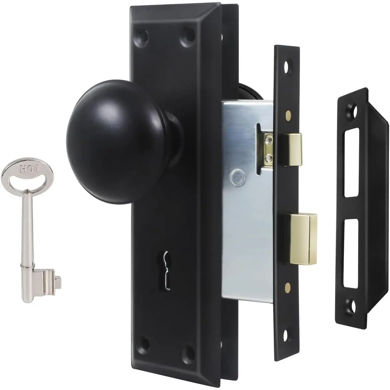 Mortise Lock Set for Interior Door,  Antique Door Knobs with Lock and Skeleton Key, Old Door Knob  Fits /8 in /4 in, Matte Black Finish