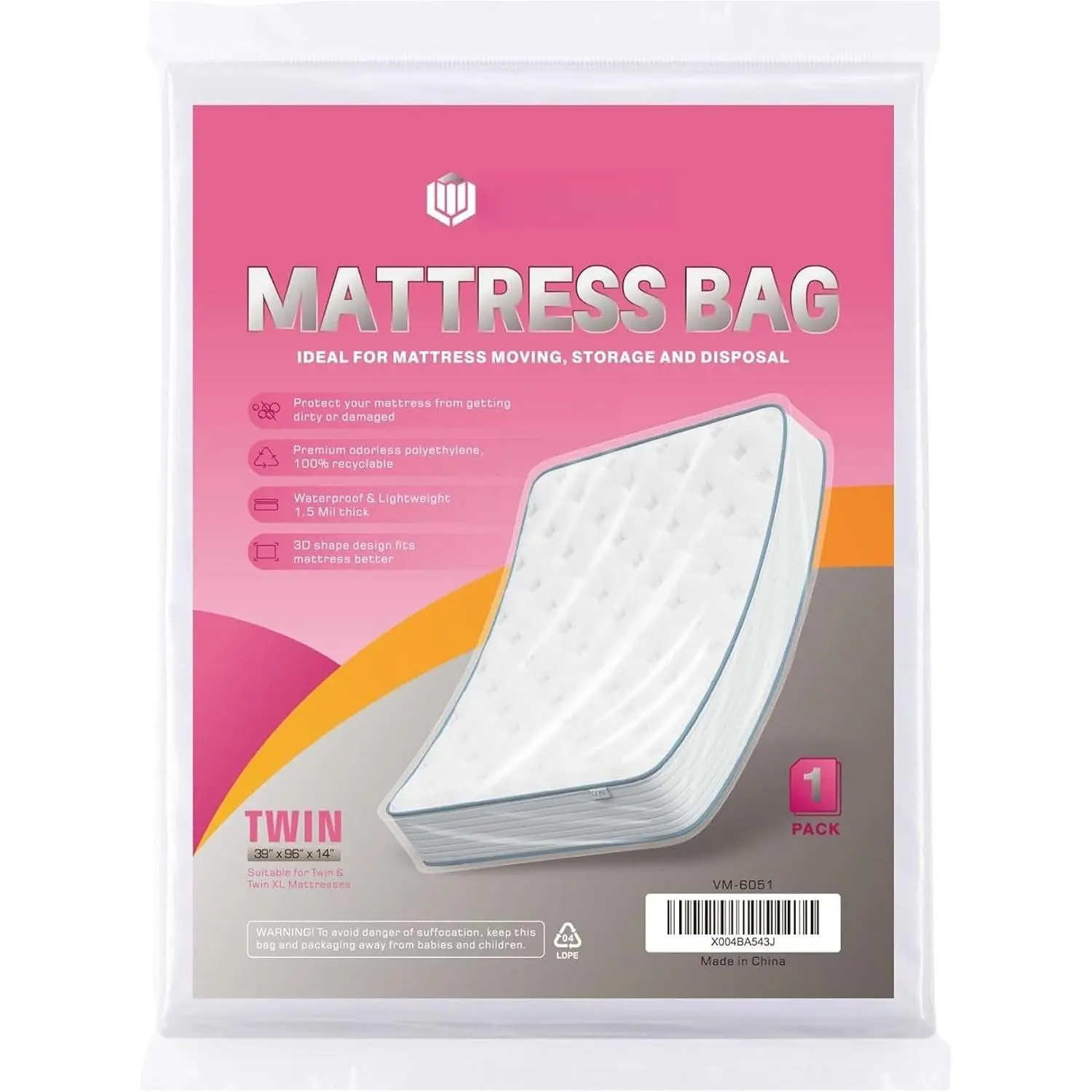 Mattress Bag for Moving and Storage, 1.5 Mil, 1 Pack | Clear plastic PE bag, fits  and  XL, 39 x 96 x 14 in, open-end tape-seal design for moving, storage, or disposal