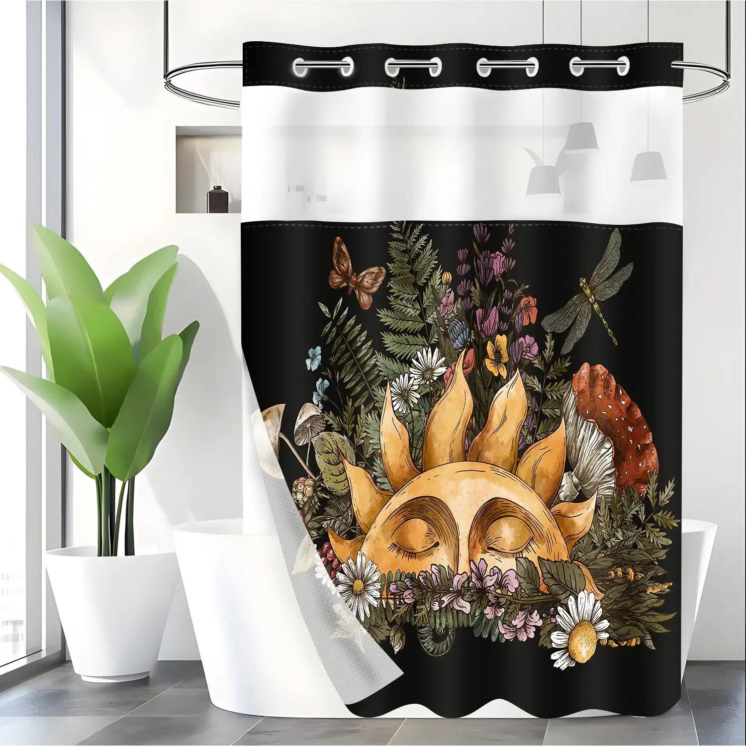 LVRLVR Hookless Shower Curtain with Snap Liner, Removable Liner, Durable, Easy to Install and Machine Washable, Hotel Style Bathroom Decor Curtain, Black, 70.8 x 74 inches