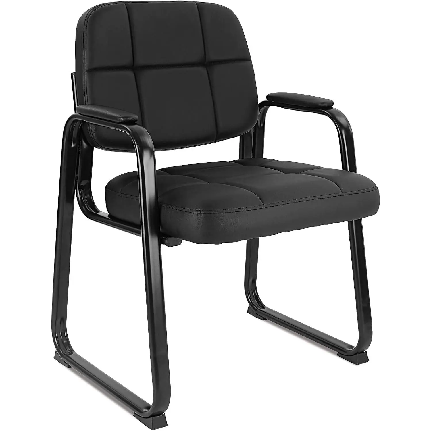 Office Reception Guest Chair with Bonded Leather Padded Arm Rest, Ergonomic Guest Chair for Waiting Room Meeting Church Conference School Lobby, Black, 1 Pack