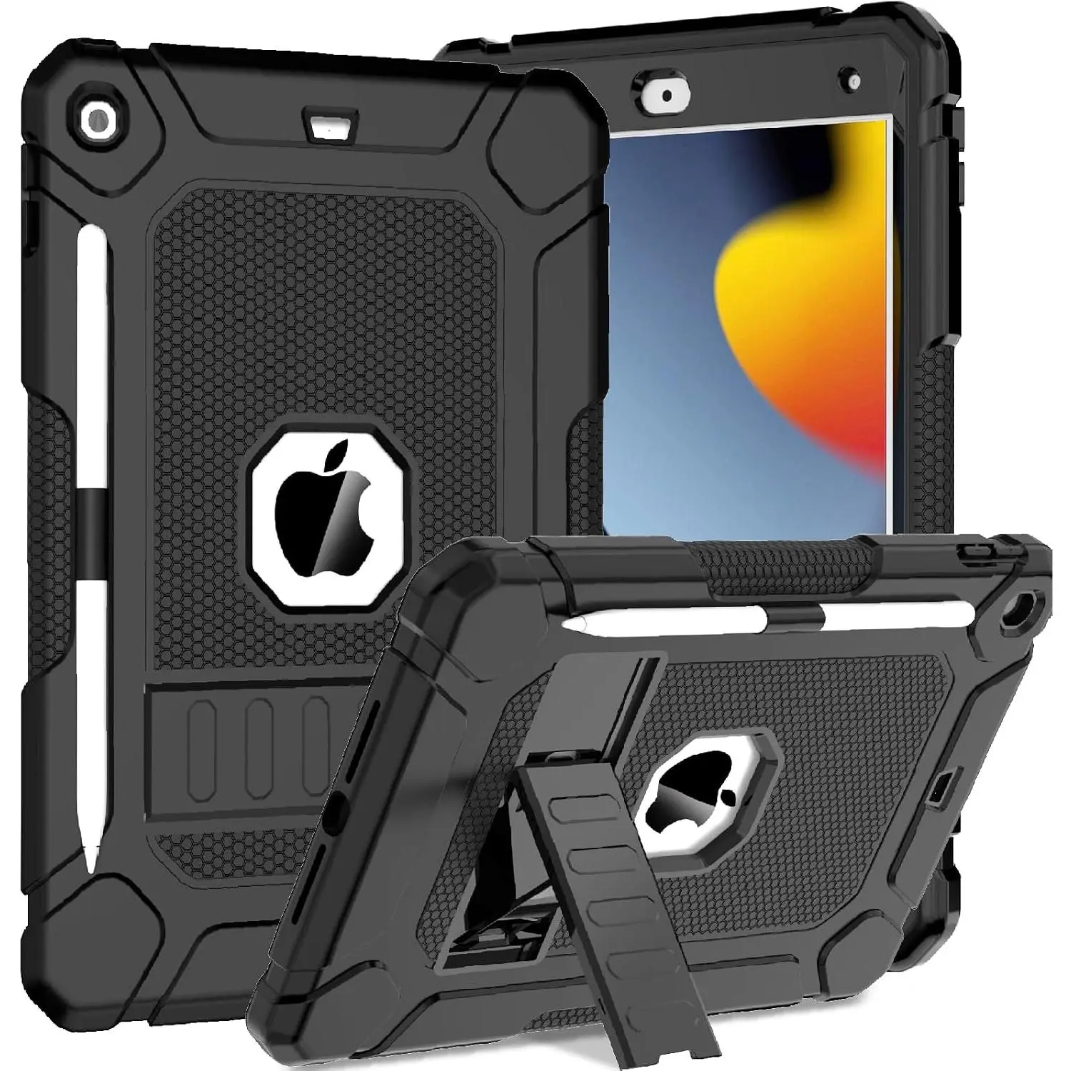 Case for iPad 9th 8th 7th Generation (iPad 10.2 inch, 2021/2020/2019), Shockproof Protective iPad 10.2 Case with -in Stand/Pencil Holder, Black