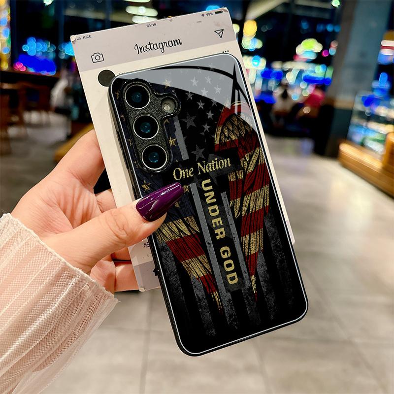 Sacred Declaration on Winged Flag Cross Tempered glass phone case Applicable for Samsung Galaxy S26 S25 S24 S23 S22Pro S21 S20 Fe Plus Ultra Pro A56 A55 A54 A53 A52 A51 A36 A35 A34 A32 A26 A25 A24 A23 A16 A15 A14 A06 A05 A03s, a high-end gift for friends