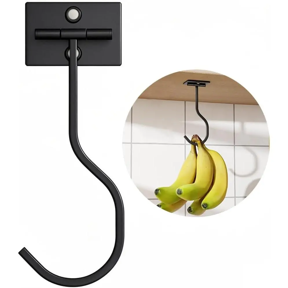 Adhesive Banana Hook Under Cabinet, Under Counter Banana Hanger, Black | Foldable Banana Hanger, Metal Banana Holder, Hold 20 Bananas, Space-Saving Design, Folding with  When Not in Use