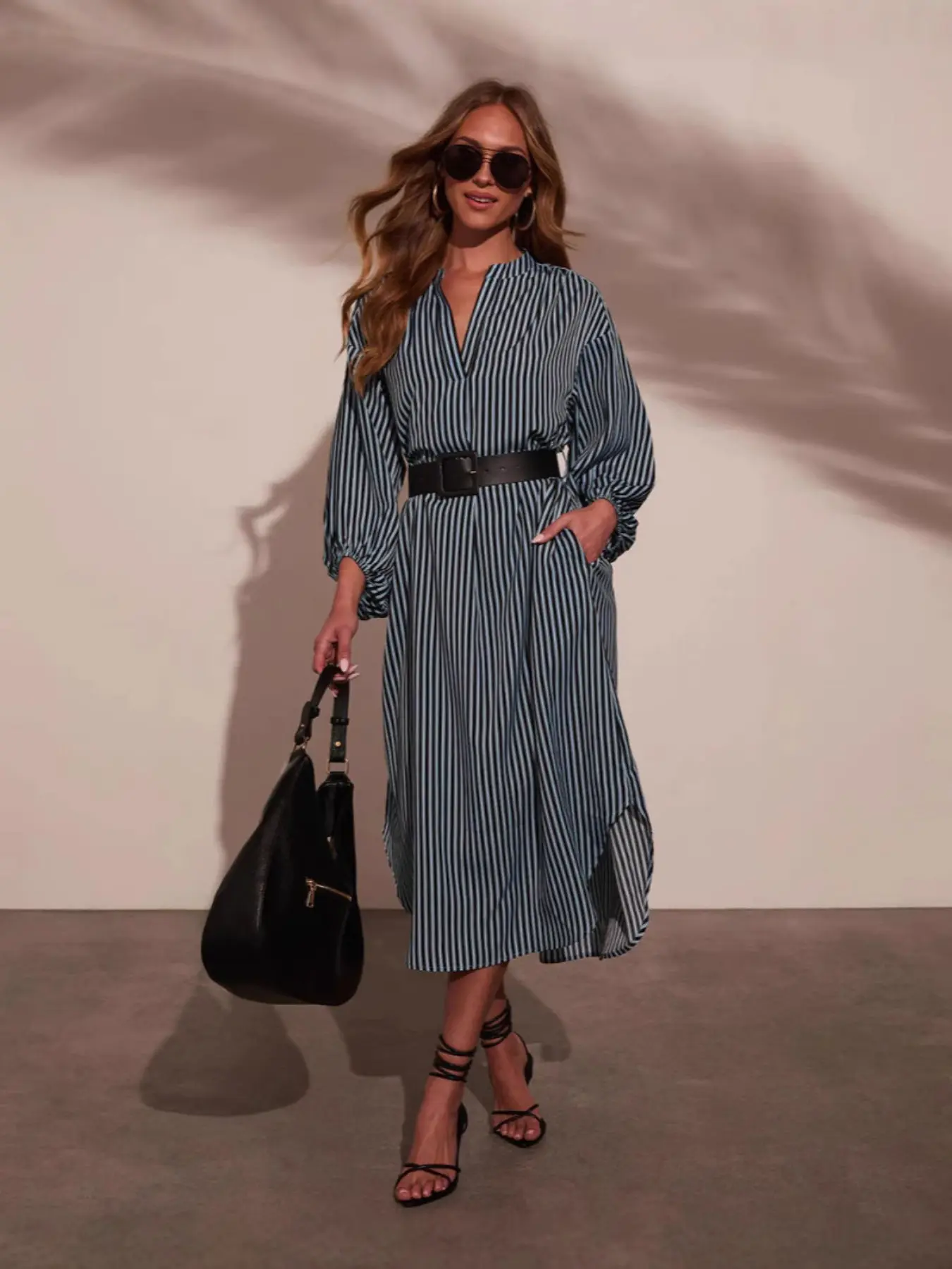 Women’s Striped Shirt Dress with Belt, Elegant Midi Office Dress, Business Casual Workwear, Chic Long Sleeve Dress for Professional Look