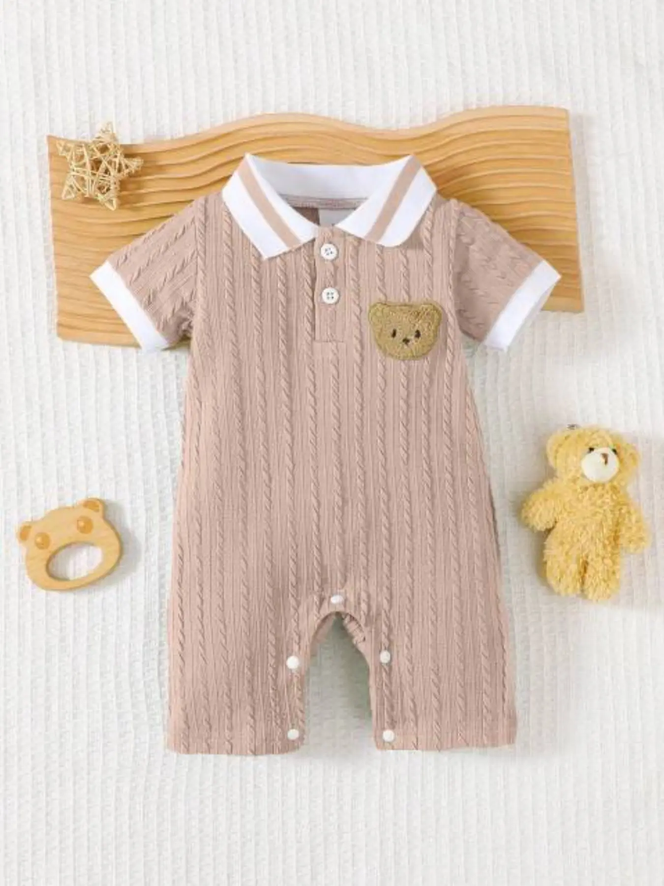 Baby Bear Towel Embroidered Short Sleeve Polo Romper, Onesie Bodysuit, Comfortable and Cute, Suitable for Boys and Girls, Spring/summer Daily Wear