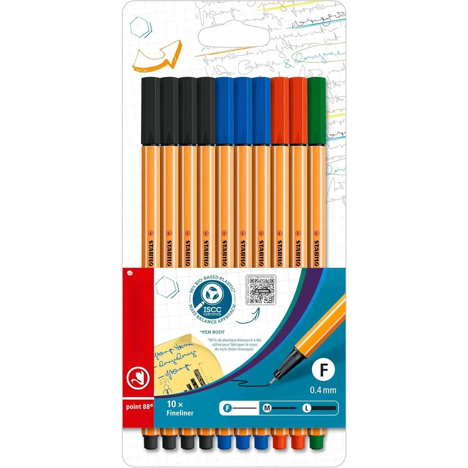 Fineliner point 88 - Pack of 10 - Office Colors - 4 x Black, 3 x Blue, 2 x Red, 1 x Green