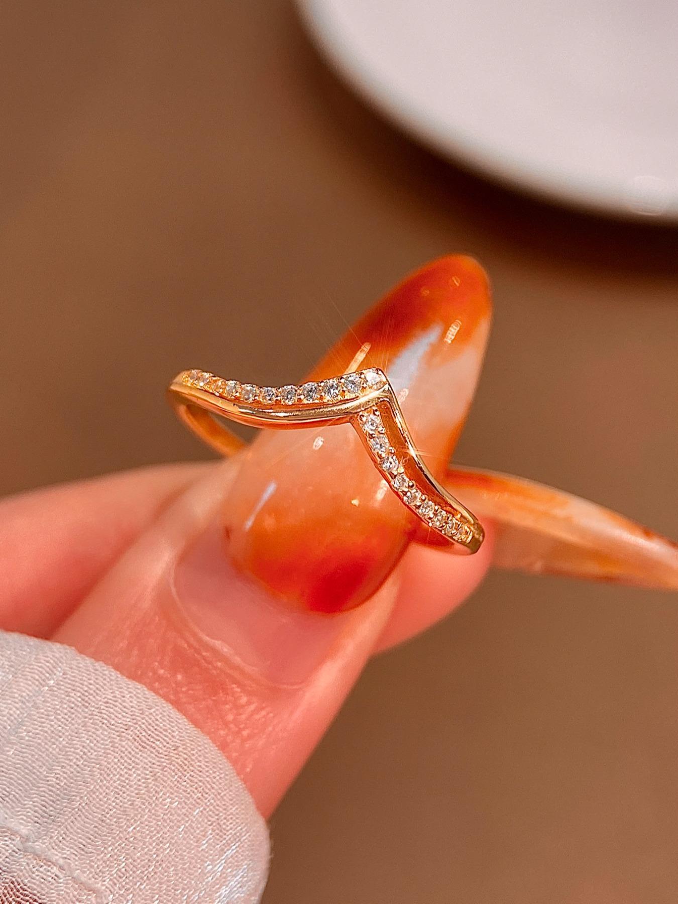 S925 Sterling Silver V-shaped Artificial Zircon Ring, Fashion Promise Ring, Fashion Accessories for Women & Girls, Trendy All-match & Exquisite Jewelry for Birthday Gift, Adjustable Rings