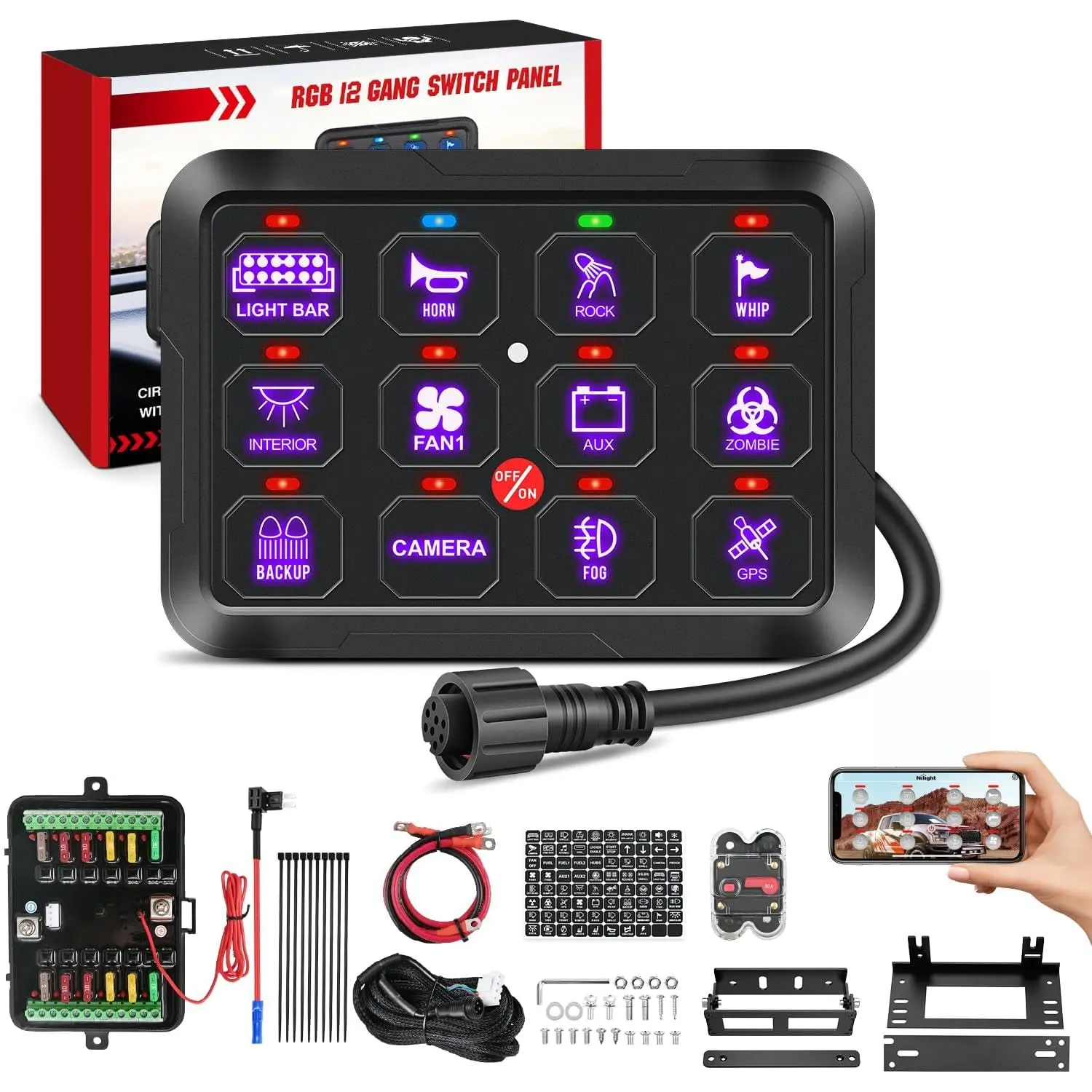 Nilight 12-Gang Switch Panel, 12V-24V Universal Circuit Control Relay System with RGB Backlight, APP-Controlled Fuse Wiring Harness, Automatic Dimmable LED Switches for Car, Pickup Truck, Car Ambient Lighting, Ambient Lighting Car