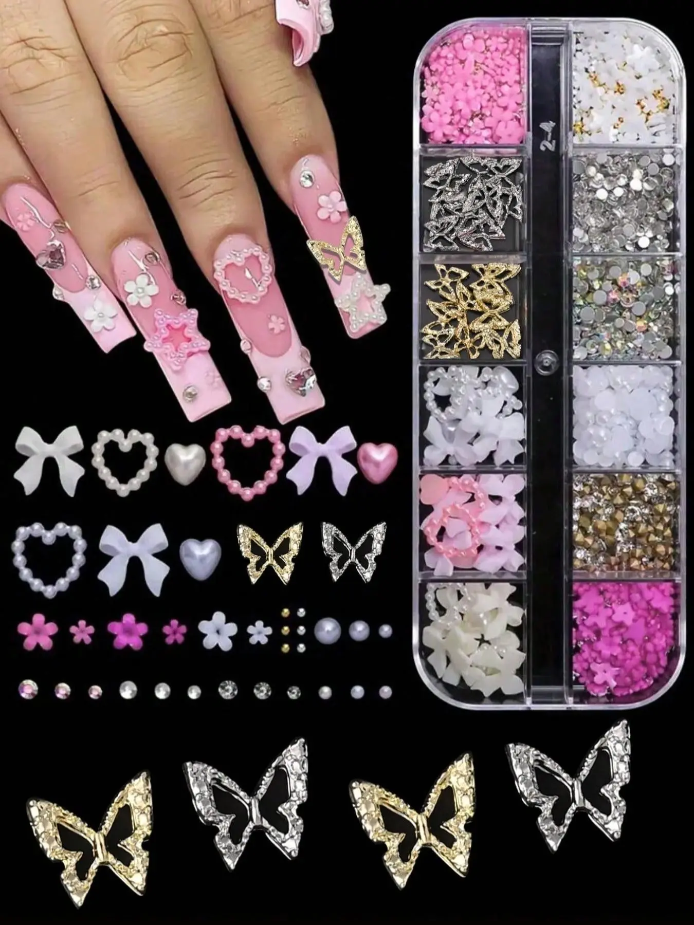 95pcs 3D Nail Art Decoration Kit, Y2K Charms with Rhinestones, Pearls, Bows & Flowers, DIY Manicure Designs, Beauty Accessories