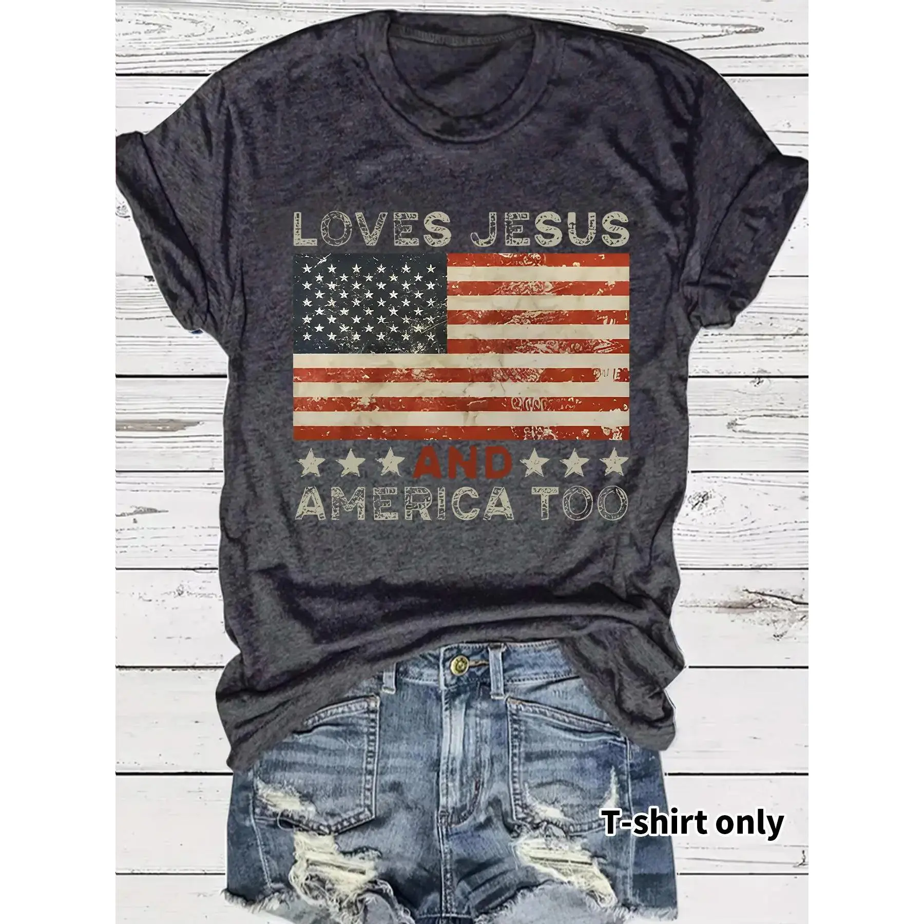 Women's Tshirt with Vintage American Flag Print - Fitted Casual Round Neck Short-Sleeve for Summer Daily Wear, Women's Clothes, T-Shirt, Graphic, Vintage Print, Shortsleeve, T Shirts For Women