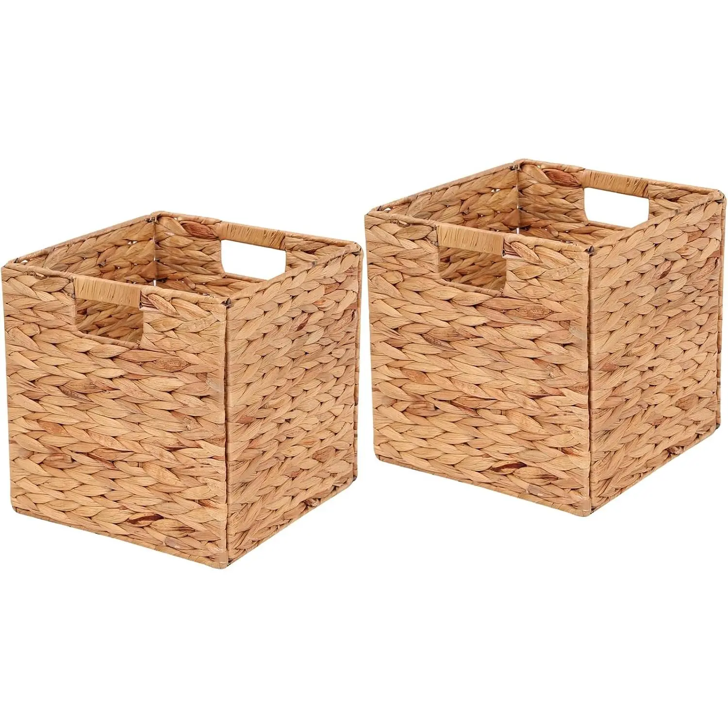 Water Hyacinth Storage Baskets 11x11x11 Inch Set of 2 | Handwoven Foldable Wicker Cubes with Sturdy Handles, Rustic Laundry Organizer for Bedroom Shelves, Kitchen, Bathroom