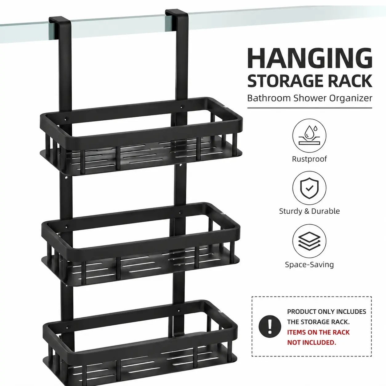 1 Cast Iron Double/Triple Tier Wall-Mounted Shower Organizer - Space-Saving Bathroom Storage Caddy, Easy to Install on Glass Doors, Holds Multiple Bottles of Water and Toiletries, Modern Bathroom Storage Solution