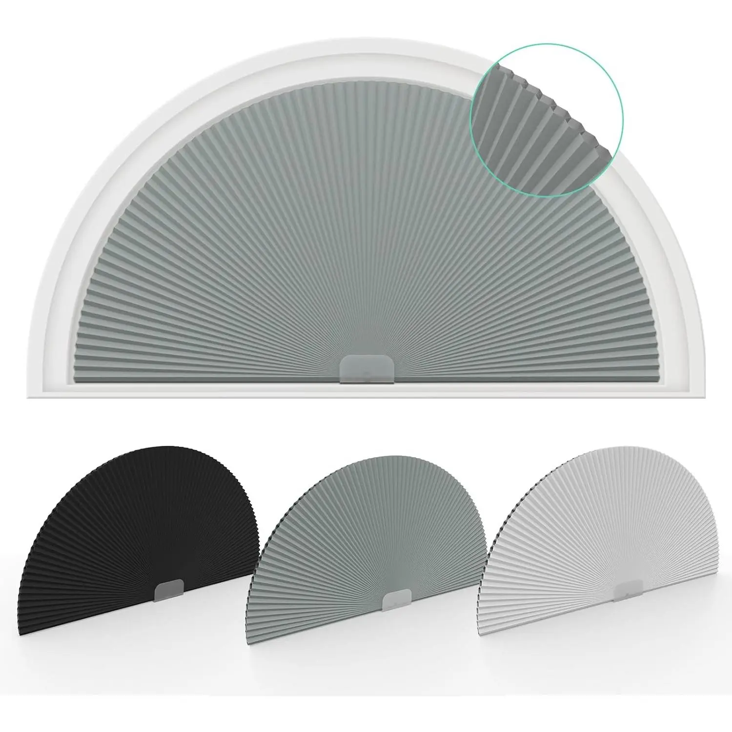 Cordless Arch Blackout Window Shades, 24" Radius Half Moon Pleated No-Drill Cellular Shades for Windows, Easy to Cut and Install