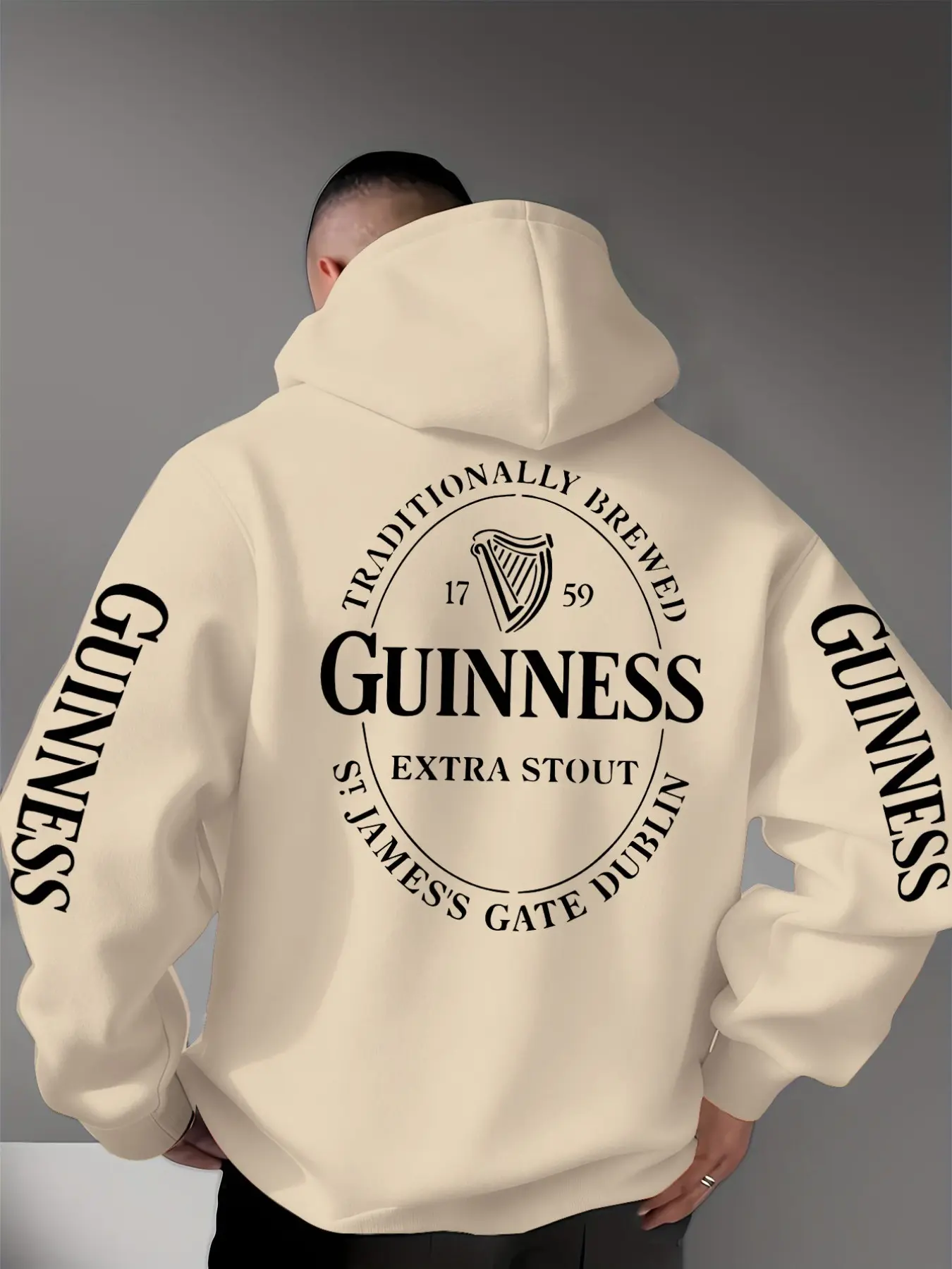 Trendy Men's Guinness Print Hoodie, Drawstring Kangaroo Pocket Design, Loose Fit, Lightweight Knit Fabric, Fall Winter Streetwear