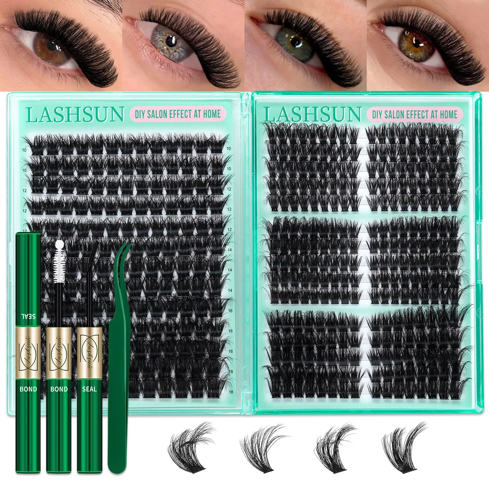 421 Pcs 4 Styles D Curl Eyelash Cluster Kit, Layered Fluffy Eyelashes, Eyelash Extensions 150D/60D/80D/100D Thick & Soft 3D Layered 8-18mm Volume Fluffy Lashes Kit with Lash Bond & Seal Tweezers DIY at Home Easily