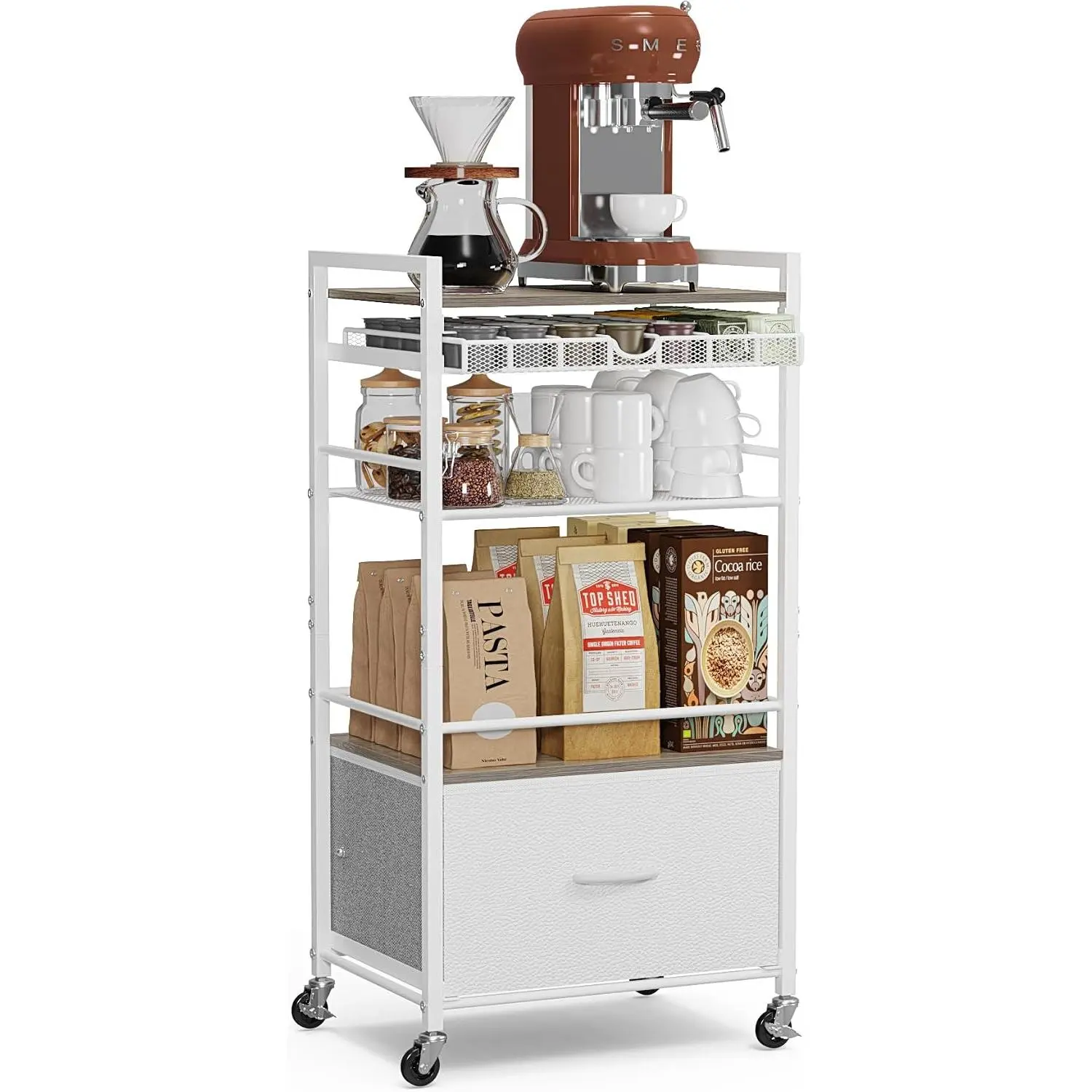 Coffee Bar Cabinet with Storage,5 Tier Coffee Station Table  Wheels, 33.6" H Cart with Drawer for  Kitchen,  Buffet Sideboard Cabinet (Modern White)