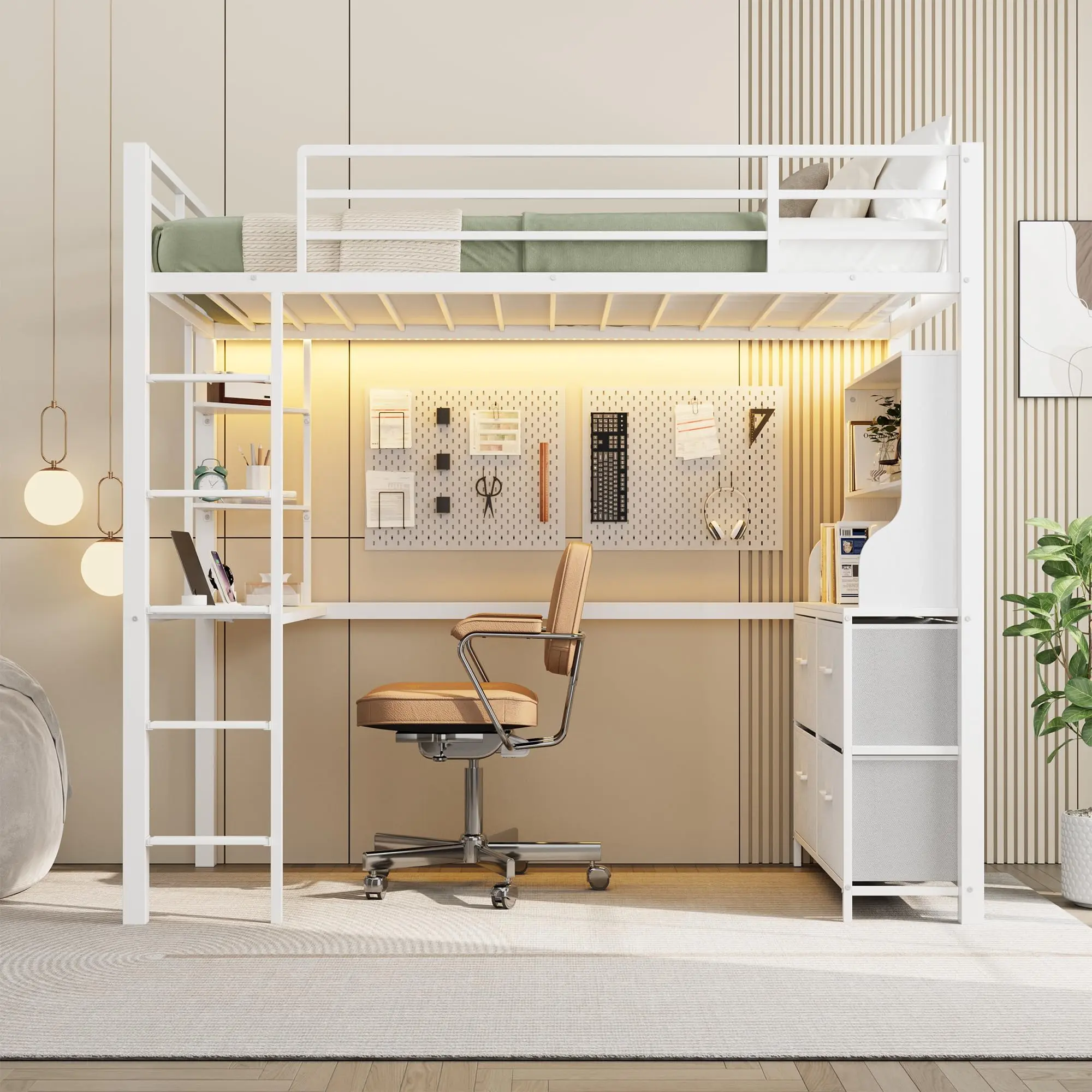 White Twin Metal Frame Loft Bed with Desk, 4 Drawers, Shelves, Smart LED Lights, and Charging Station - Heavy Duty 350lb Capacity
