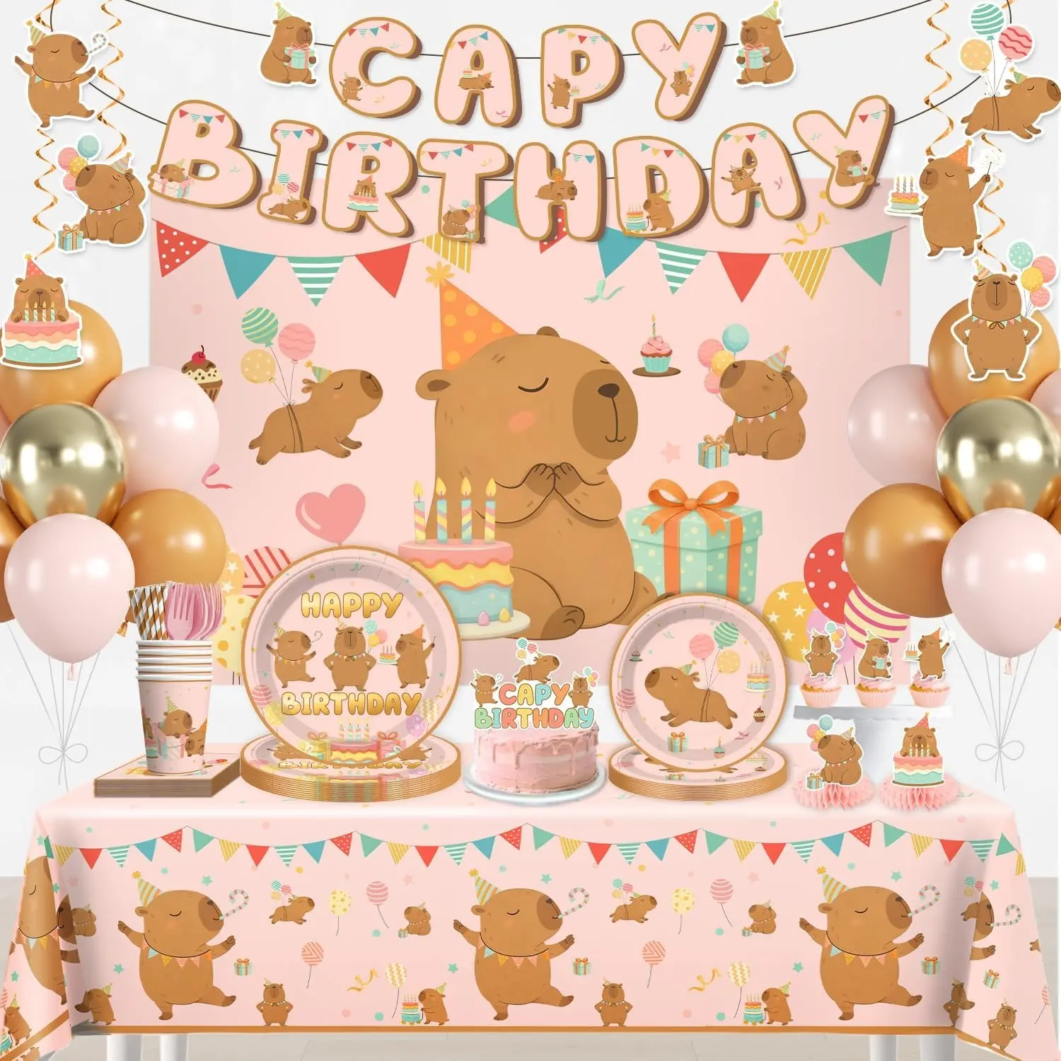 Xynic Pink Capybara Birthday Decorations Tableware Set Serves 25 Guests