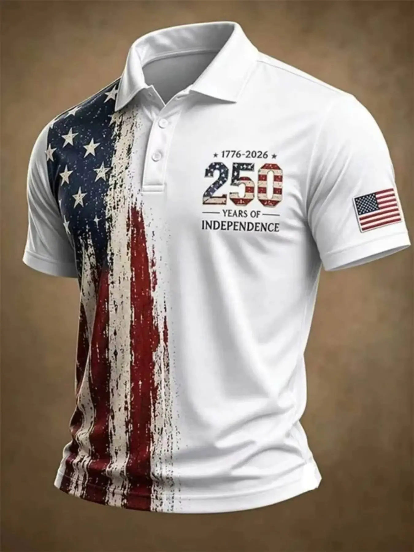 Men's American Independence 250th Anniversary Polo Shirt, Casual, Vintage Plaid Usa Flag Pattern, '250 Years of Independent' Text, Golf T-Shirt, Polo Top