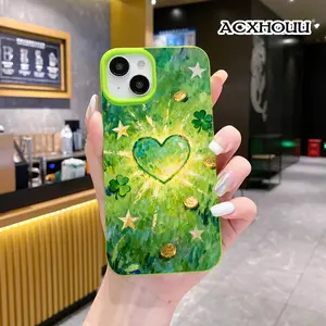 AestheticCase Anti-Drop Silicone Open-Cut Phone Cover for iPhone 16 15 14 Pro Max 13 12 11 Green Heart & Coins Soft Matte Finish,Raised Edges,Multicolor,Slim Fit for Women Men Girls
