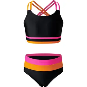 Teen Girl Bikini, Tween Girls 2-Piece Colorblock Swim Wear Bathing Suit Set with Chest Pad, Beachwear for Ages 6-15 Years (Gift)