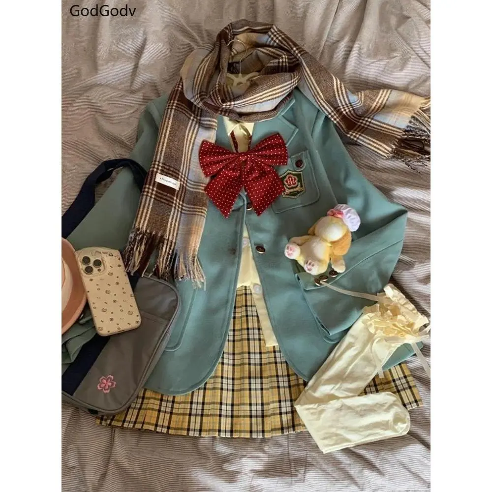 Spring JK Style School Uniform Design Woman Suit Preppy Blazer Plaid Skirt Vintage Korean Style Female Y2k 3 Piece Sets Outfits